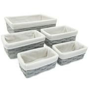 5 Pack Wicker Nesting Baskets with Cloth Lining for Pantry Shelves, Rectangular Storage Bins for Organizing Closet (Gray, 3 Sizes)