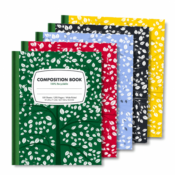 5 Pack Wide Ruled Composition Notebooks, 200 Pages Each, Marble Design For School And Office