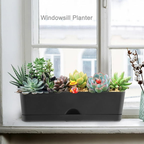 5 Pack Window Boxes Planters - 16 Inches Rectangular Planter with Drainage Holes and Saucers, Self Watering Plastic Flower Pots for Herbs, Succulents, and Flowers