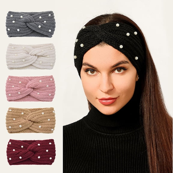 5 Pack Winter Headbands for Women Knitted Ear Warmer Headband Pearl Yarn Cross Headband