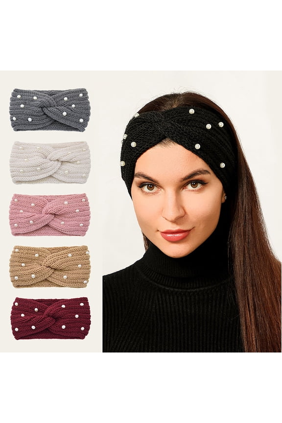 5 Pack Winter Headbands for Women Knitted Ear Warmer Headband Pearl Yarn Cross Headband
