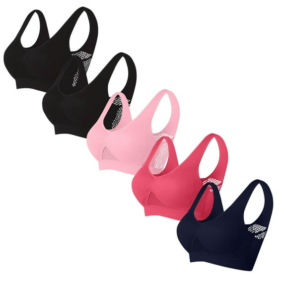 5 Pack Wireless Push-Up Bras for Women Breathable Soft Sports Bras Hollow Out Seamless Support Yoga Bralettes, 100CD Black/Pink/Hot Pink/Navy