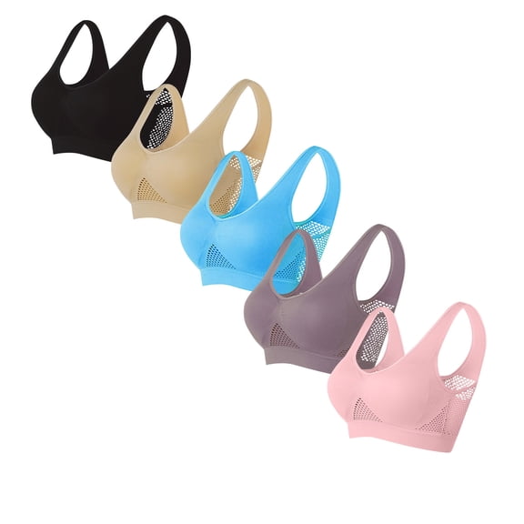 5 Pack Wireless Push-Up Bras for Women Breathable Soft Sports Bras Hollow Out Seamless Support Yoga Bralettes, 70AB Black/Beige/Blue/Purple/Pink