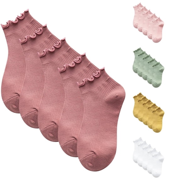 5‑Pack Women Cotton Ankle Socks, Ruffle Trim Low‑Cut Short Socks, Cute Japanese‑Style Solid‑Color Frilly No‑Show Boat Socks for Daily Wear