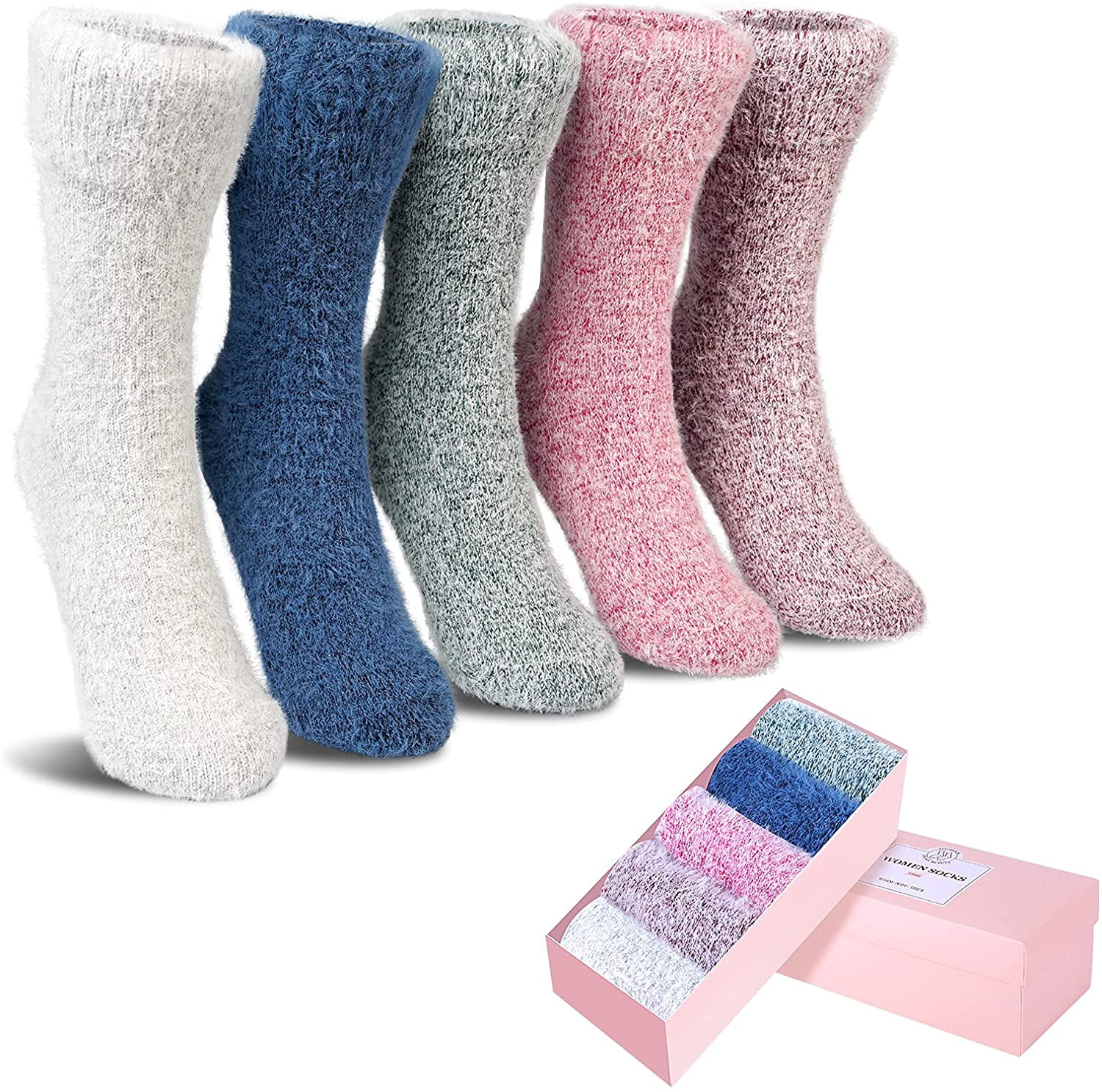 SISOSOCK 5 Pack Women Thick Soft Warm Fuzzy Socks Winter Wool Fluffy Cozy  Socks Casual Home Sleep Socks with Gifts Box at  Women's Clothing  store