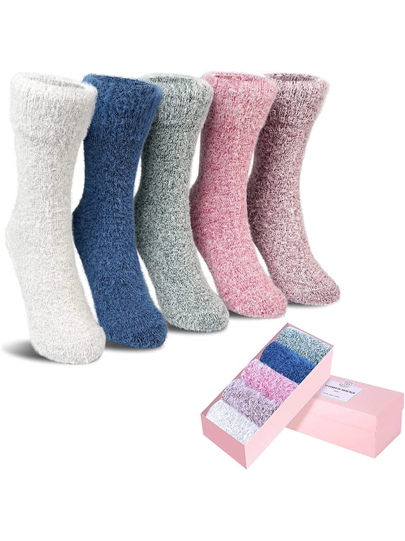 5 Pack Women Fuzzy Socks Thick Soft Warm Winter Wool Fluffy Cozy Socks Casual Home Sleep Socks with a Gift Box