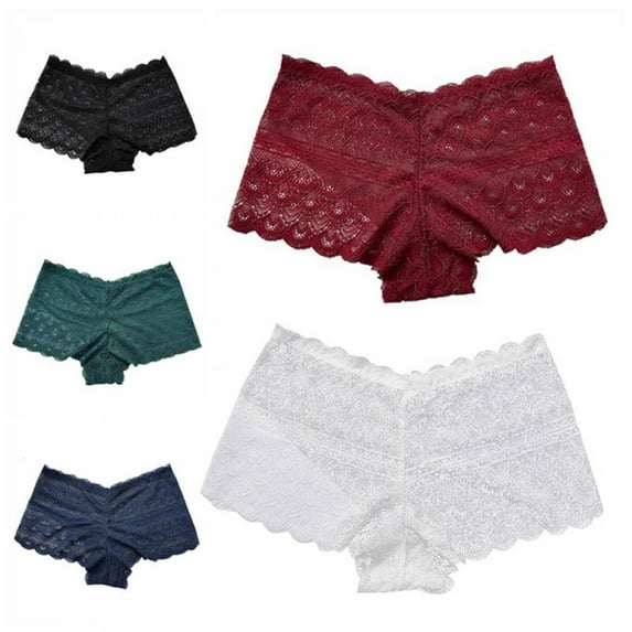 5 Pack Women Mid-waist Lace Boxer Briefs Solid Color Anti-Lighting Lace Panties Transparent Hollow Out Boyshorts