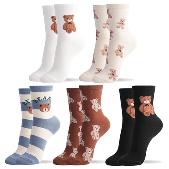 5-Pack Women‘s Cotton Crew Socks - Cute Smiley Face & Bow Design, Assorted Fun Patterns - Breathable Everyday Socks for Women