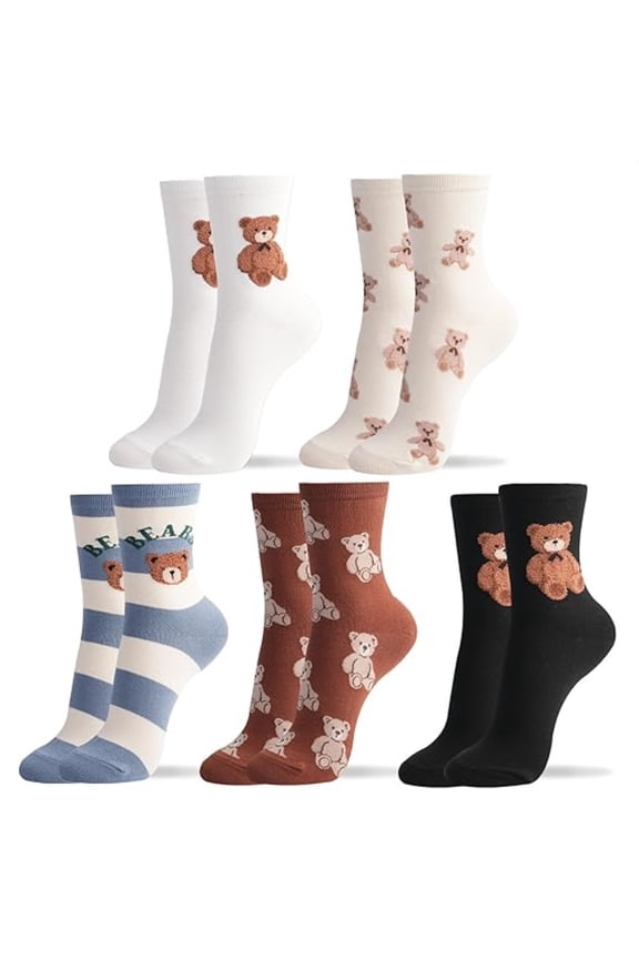 5-Pack Womens Cotton Crew Socks - Cute Smiley Face & Bow Design, Assorted Fun Patterns - Breathable Everyday Socks for Women