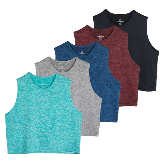 Real Essentials 5 Pack: Women's Dry Fit Crop Summer Tank Top - Gym Yoga Workout Sports Tee (Available in Plus Size)