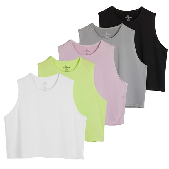 Real Essentials 5 Pack: Women's Dry Fit Crop Summer Tank Top - Gym Yoga Workout Sports Tee (Available in Plus Size)