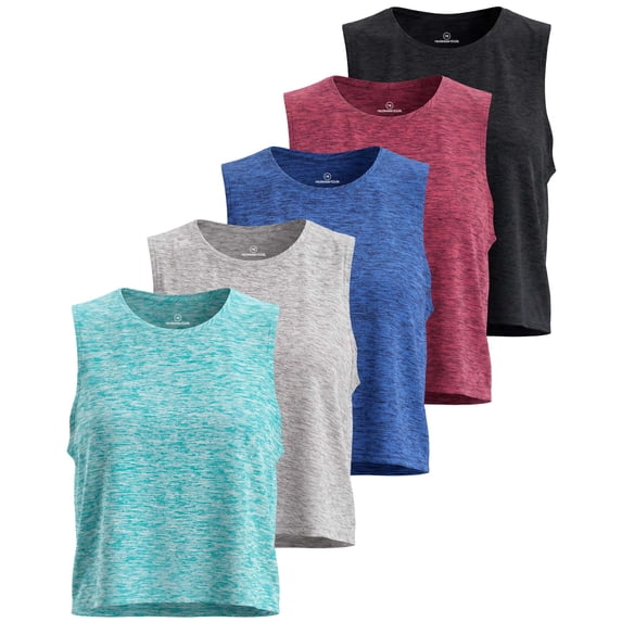 Real Essentials 5 Pack: Women's Dry Fit Crop Summer Tank Top - Gym Yoga Workout Sports Tee (Available in Plus Size)