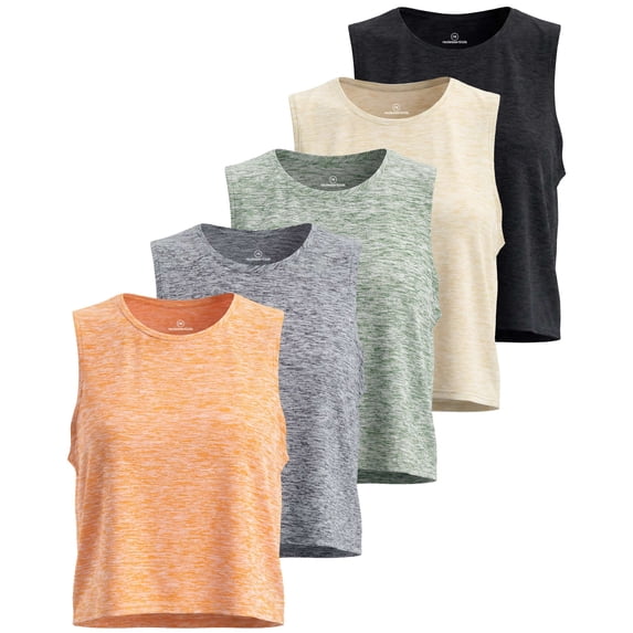 Real Essentials 5 Pack: Women's Dry Fit Crop Summer Tank Top - Gym Yoga Workout Sports Tee (Available in Plus Size)