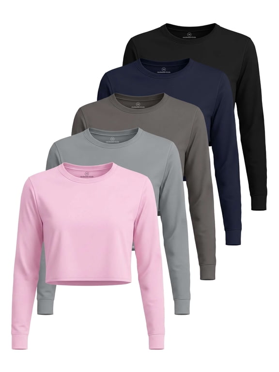 5 Pack Women's Dry Fit Long Sleeve Crop Tops Workout Athletic Crew Neck Tee