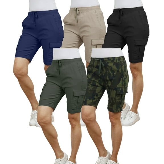 5-Pack Women’s Flex Cargo Shorts with Elastic Waistband and Drawstring – Comfortable Fit with 6 Pockets and Stretch Fabric (S-2XL)