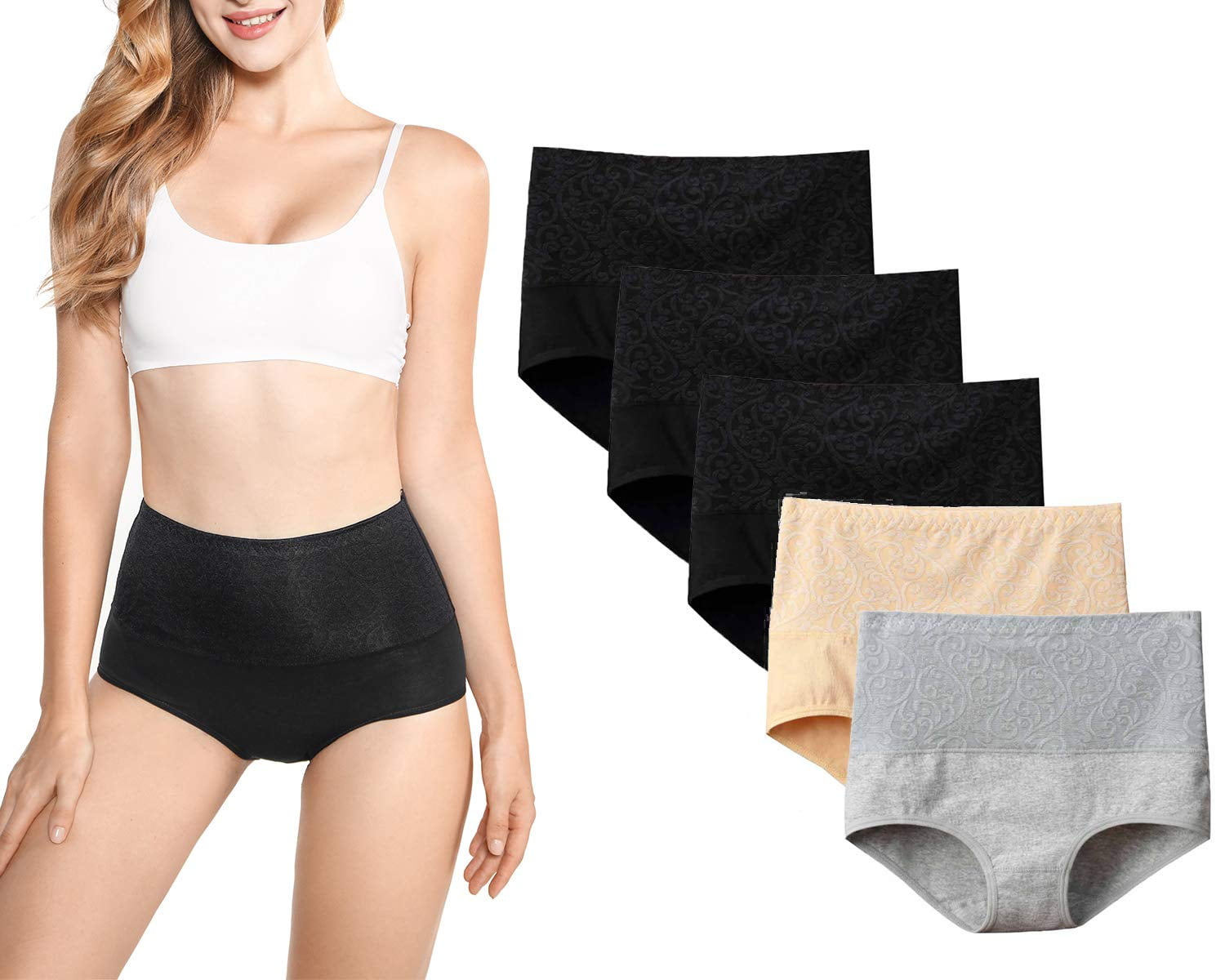 5-Pack Women's High Waist Tummy Control Panties Cotton Underwear No