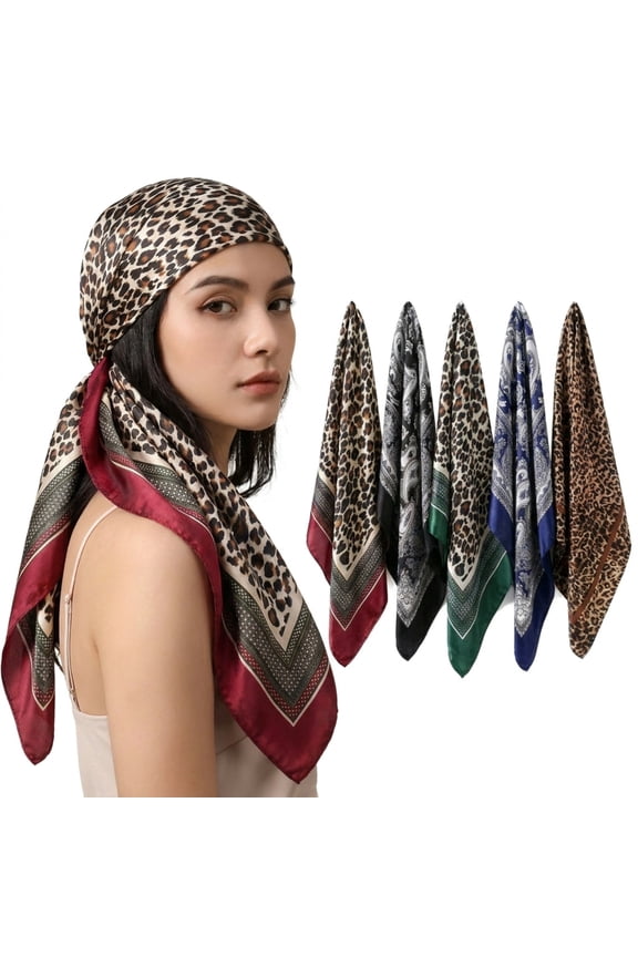5 Pack Women's Satin Square Head Scarves, 35 Inch Large Silk Like Bandana Neck Scarf Leopard Print Hair Wraps