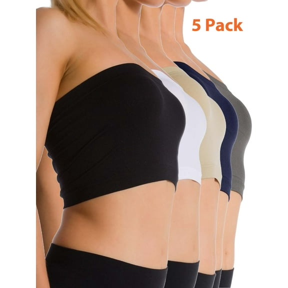 5 Pack Women's Seamless Strapless Bandeau Bra Sports Tube Top Bra Yoga (No Padding)