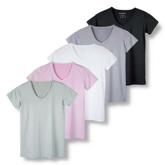 Real Essentials 5 Pack: Women's Short Sleeve V-Neck Activewear T-Shirt Dry-Fit Wicking Yoga Top (Available in Plus)