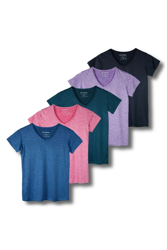 5 Pack: Women's Short Sleeve V-Neck Activewear T-Shirt Dry-Fit Wicking Yoga Top (Available in Plus)
