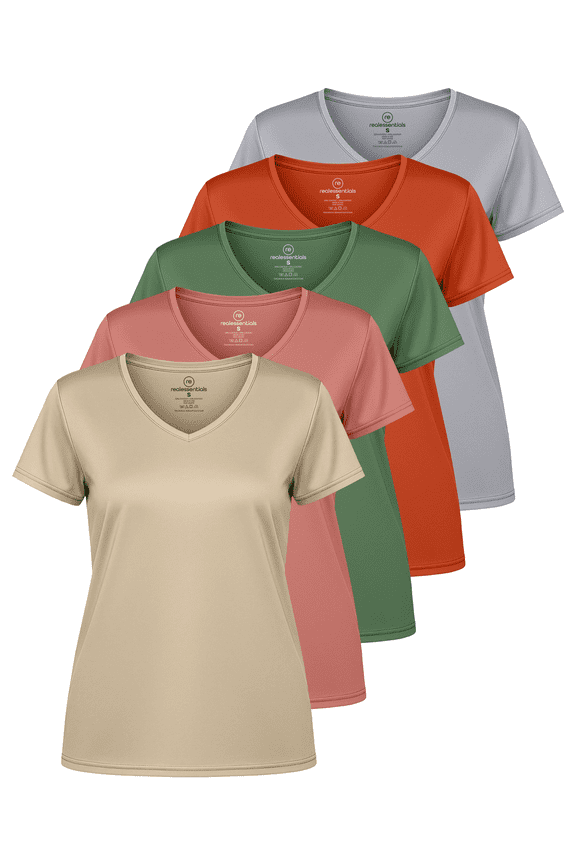 5 Pack: Women's Dry Fit Short Sleeve V Neck Workout Top - Fitness Gym Athletic Yoga T-Shirt (Plus Available)