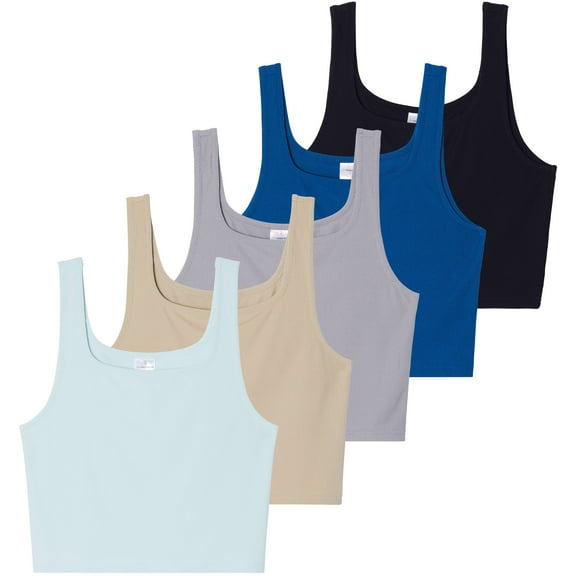 5 Pack: Women's Soft Knit Ribbed Square Neck Cropped Tank Top - Sleeveless Crop Tops