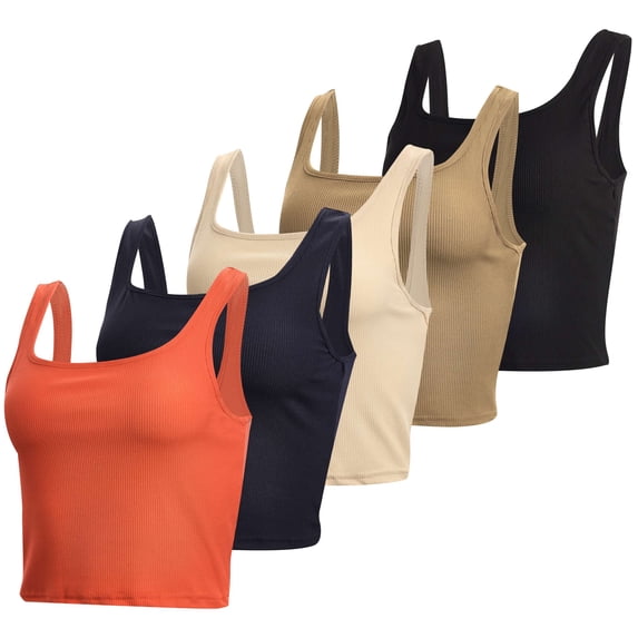 Real Essentials 5 Pack: Women’s Square Neck Ribbed Crop Tank Tops – Racerback Workout, Gym & Casual Shirts