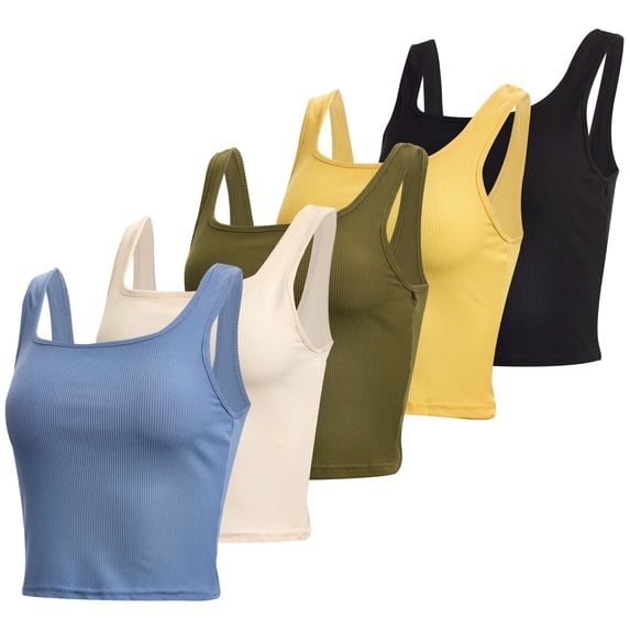 Real Essentials 5 Pack: Women’s Square Neck Ribbed Crop Tank Tops – Racerback Workout, Gym & Casual Shirts