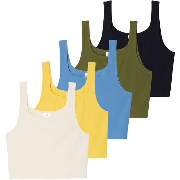 5 Pack: Women's Soft Knit Ribbed Square Neck Cropped Tank Top - Sleeveless Crop Tops