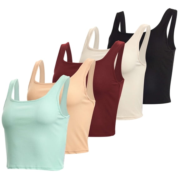 Real Essentials 5 Pack: Women’s Square Neck Ribbed Crop Tank Tops – Racerback Workout, Gym & Casual Shirts