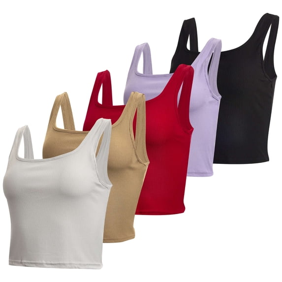 Real Essentials 5 Pack: Women’s Square Neck Ribbed Crop Tank Tops – Racerback Workout, Gym & Casual Shirts