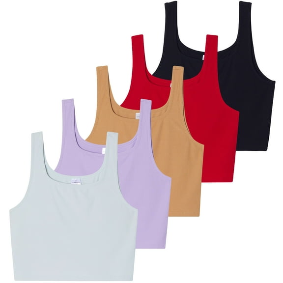 5 Pack: Women's Soft Knit Ribbed Square Neck Cropped Tank Top - Sleeveless Crop Tops