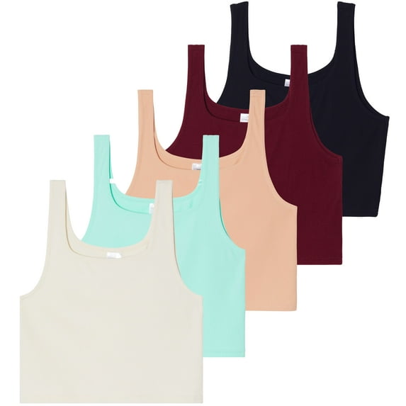 5 Pack: Women's Soft Knit Ribbed Square Neck Cropped Tank Top - Sleeveless Crop Tops