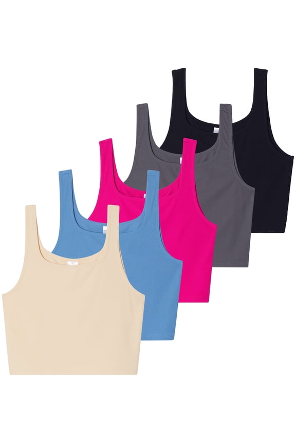 5 Pack: Women's Soft Knit Ribbed Square Neck Cropped Tank Top - Sleeveless Crop Tops