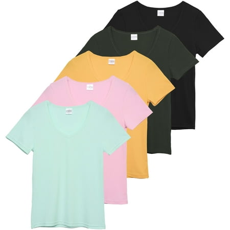 5 Pack: Women's Soft Ribbed Short Sleeve V-Neck T-Shirt Casual Summer Tee Shirts