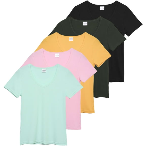 5 Pack: Women's Soft Ribbed Short Sleeve V-Neck T-Shirt Casual Summer Tee Shirts