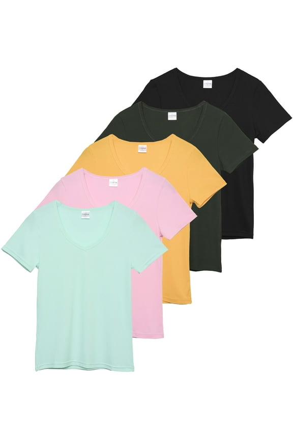 5 Pack: Women's Soft Ribbed Short Sleeve V-Neck T-Shirt Casual Summer Tee Shirts