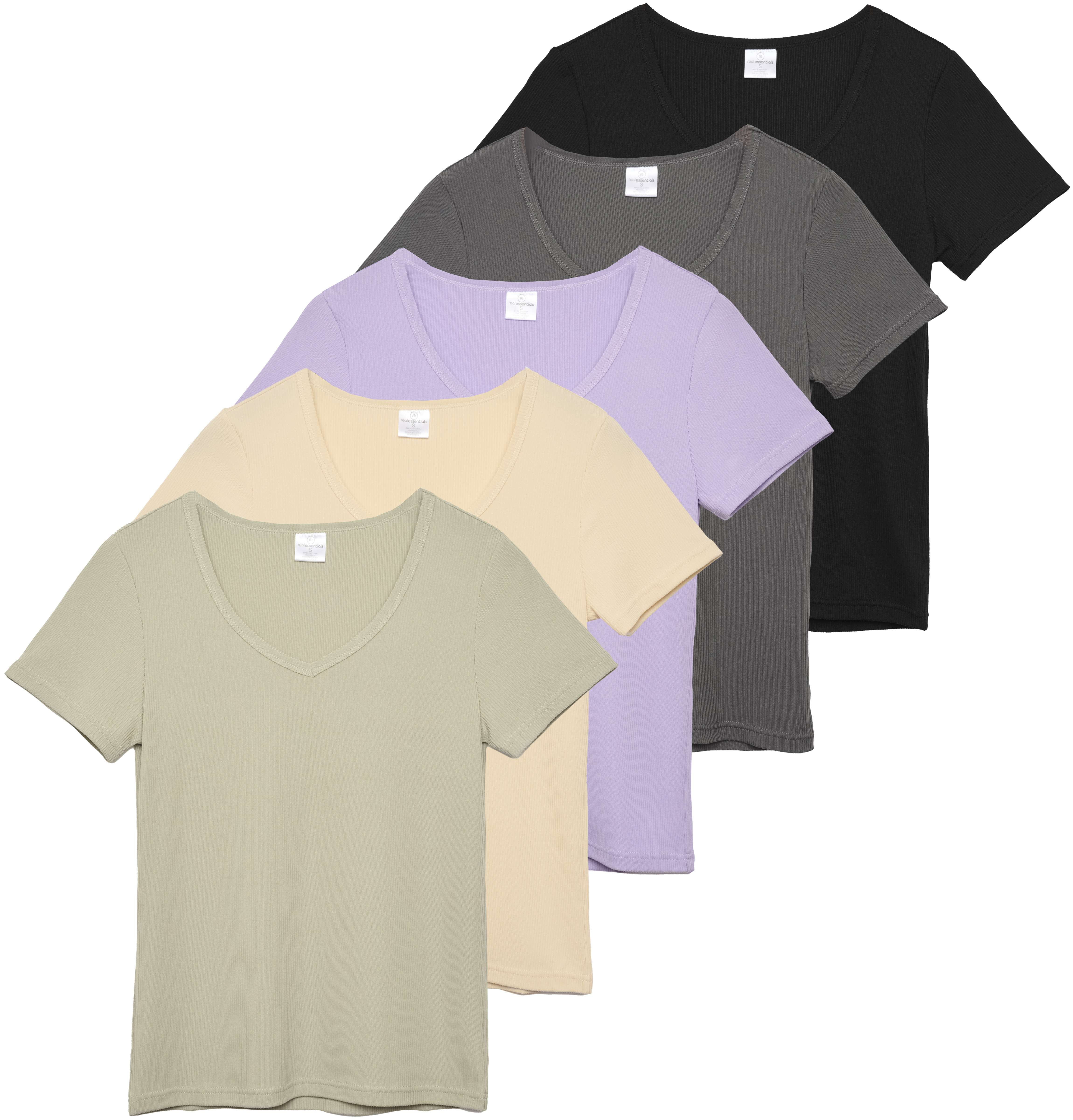 5 Pack: Women's Soft Ribbed Short Sleeve V-Neck T-Shirt Casual Summer Tee Shirts