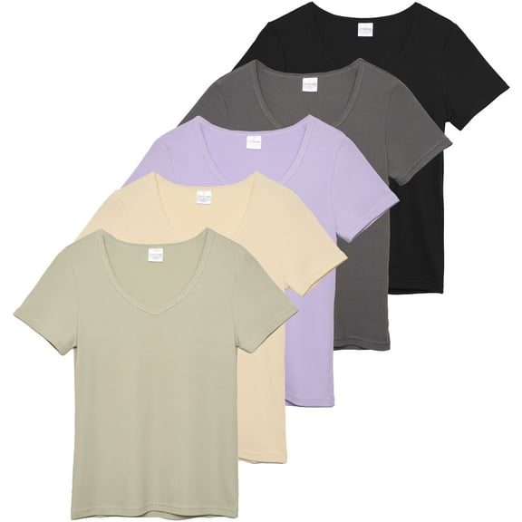 5 Pack: Women's Soft Ribbed Short Sleeve V-Neck T-Shirt Casual Summer Tee Shirts