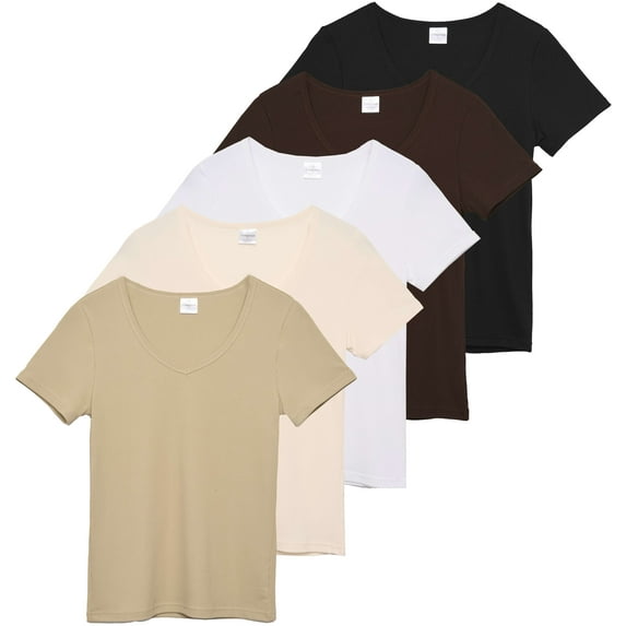 5 Pack: Women's Soft Ribbed Short Sleeve V-Neck T-Shirt Casual Summer Tee Shirts