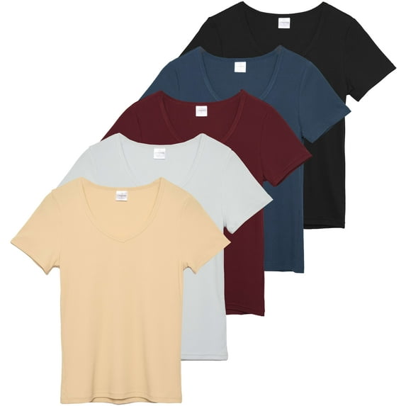5 Pack: Women's Soft Ribbed Short Sleeve V-Neck T-Shirt Casual Summer Tee Shirts