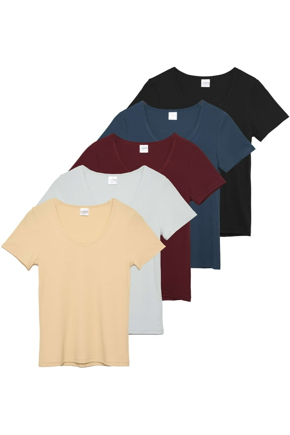 5 Pack: Women's Soft Ribbed Short Sleeve V-Neck T-Shirt Casual Summer Tee Shirts