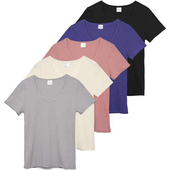 5 Pack: Women's Soft Ribbed Short Sleeve V-Neck T-Shirt Casual Summer Tee Shirts