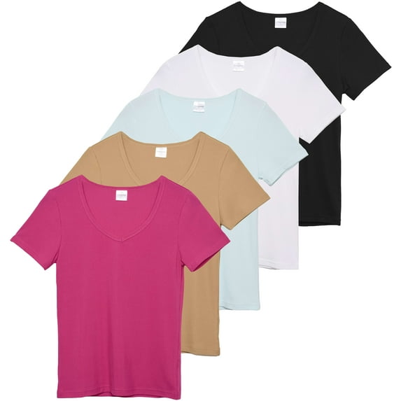 5 Pack: Women's Soft Ribbed Short Sleeve V-Neck T-Shirt Casual Summer Tee Shirts
