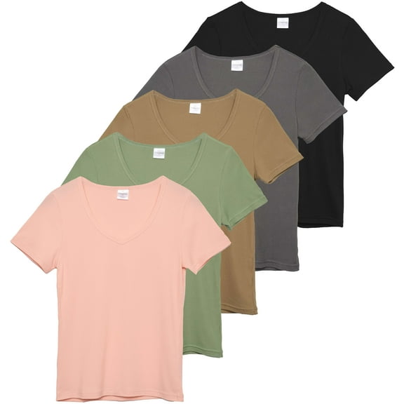 5 Pack: Women's Soft Ribbed Short Sleeve V-Neck T-Shirt Casual Summer Tee Shirts