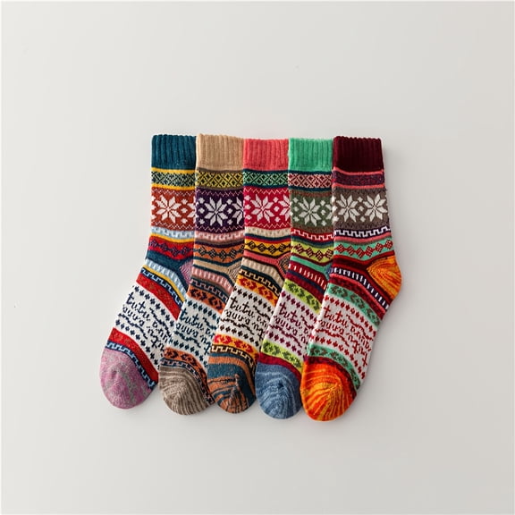 5-Pack Women's Thick Wool Socks for Autumn and Winter, Comfortable Warm Double-Layer Ethnic Style Socks, Thick Warm Socks for Snowy Cold Winter