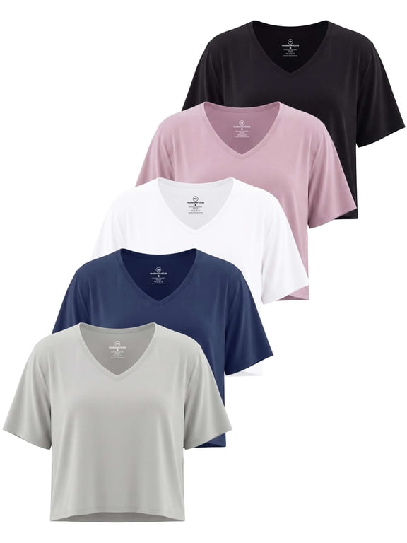5 Pack Women's V Neck Crop Tops Short Sleeve Athletic Workout Gym T Shirts