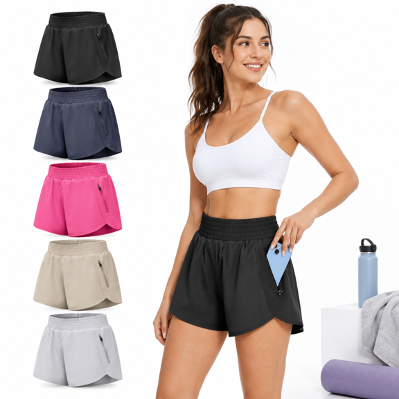 5 Pack Womens Athletic Shorts with Pockets Workout Running, Black, Navy, Hot Pink, Khaki, Grey - Medium