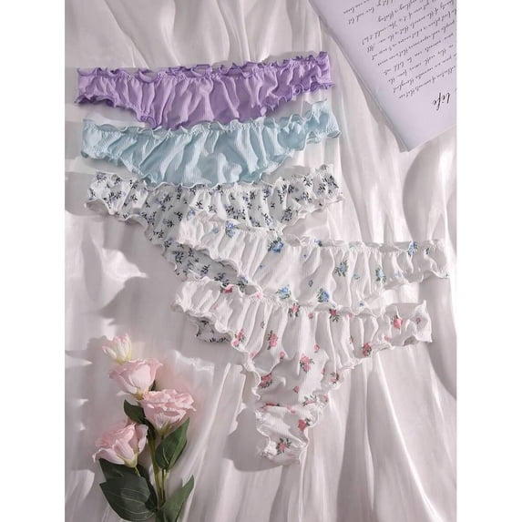 5-Pack Womens Floral & Solid Ruffled Briefs Multicolor