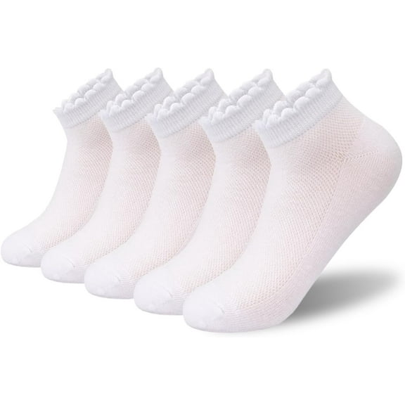 5 Pack Womens Mesh Thin Socks Soft Cotton Low Cut Ruffle Breathable White Eyelet Ankle socks